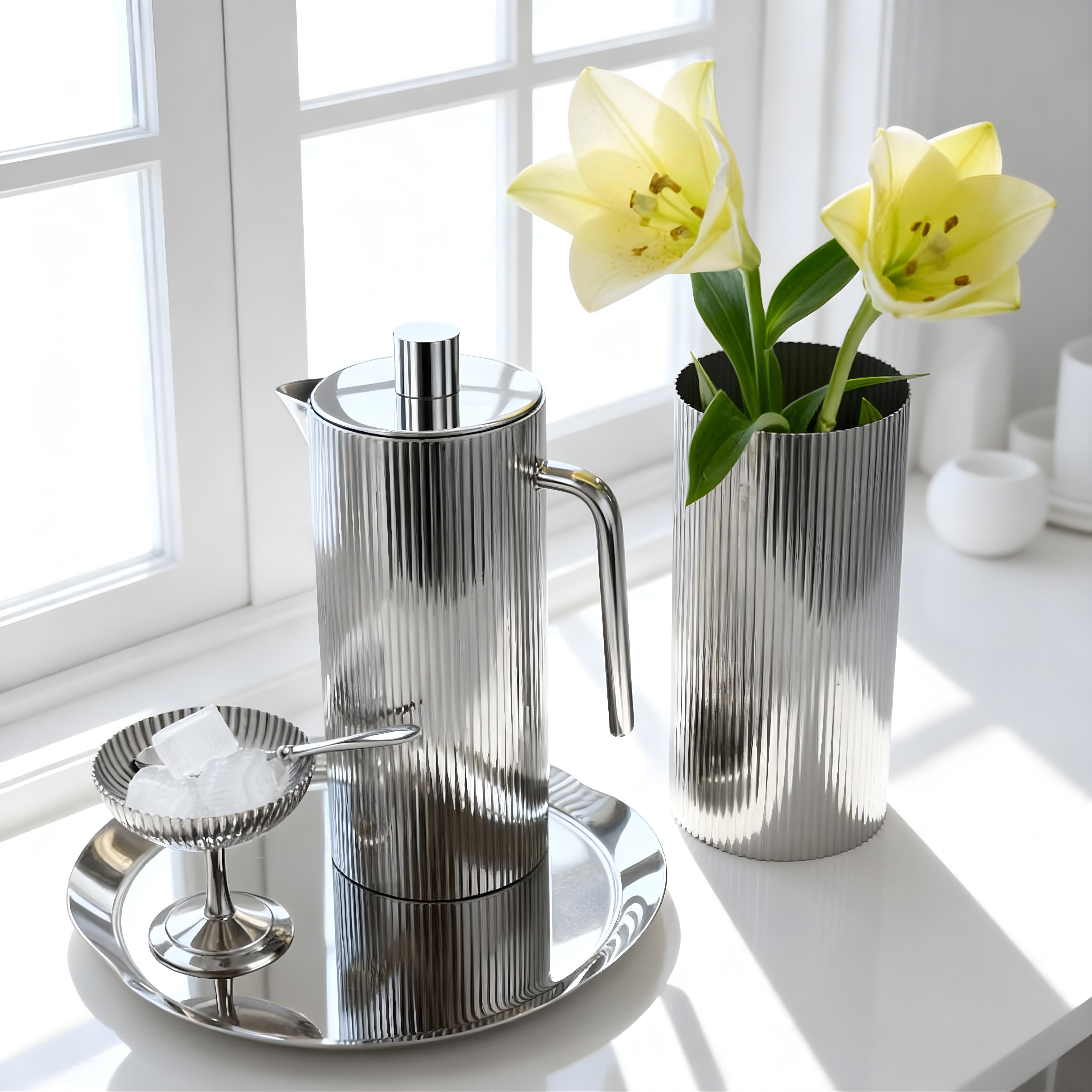 The Harmony Set – Scandinavian-inspired luxury hosting set by Eloré with ribbed stainless vases and tall serving pitcher