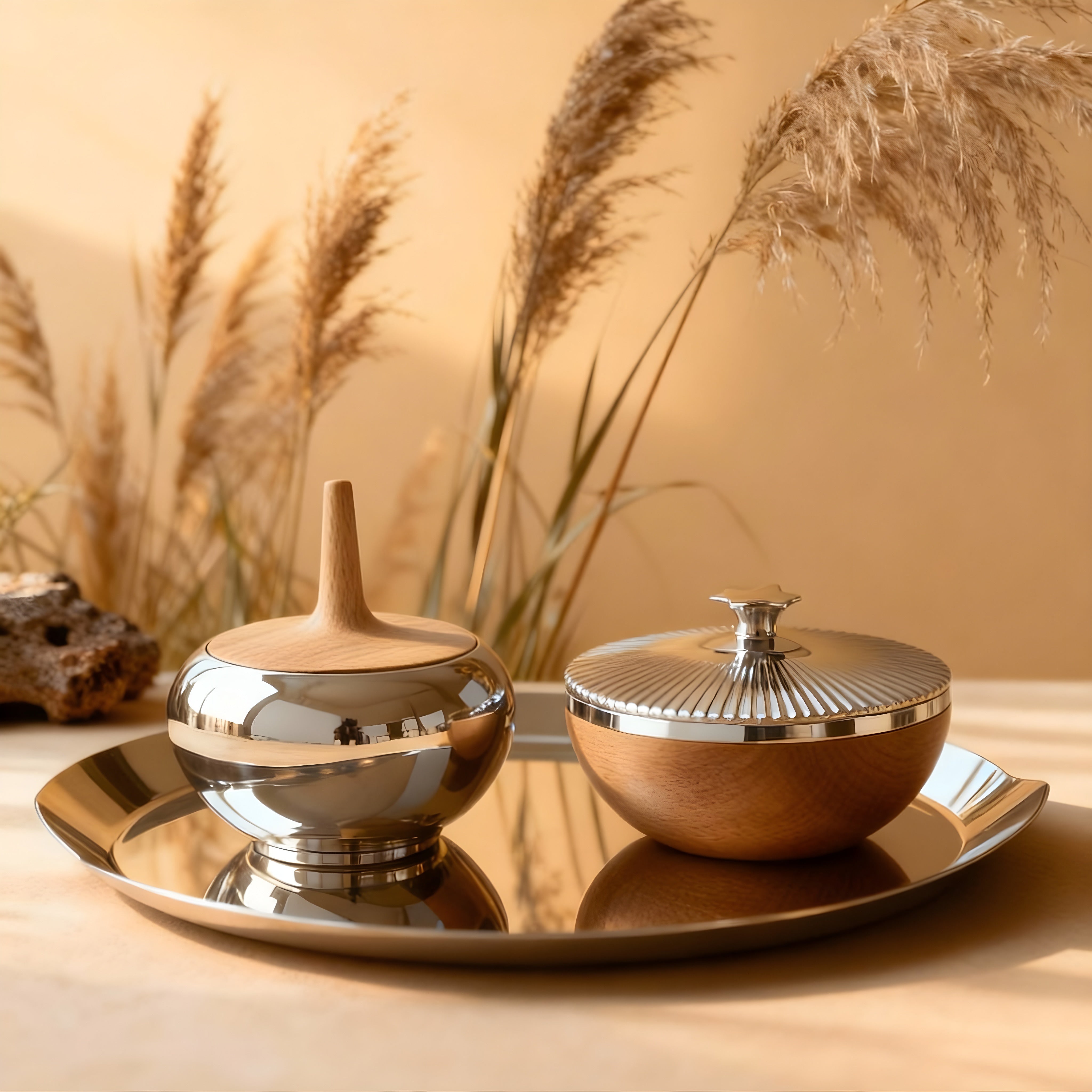 The Natural Set – Nature-inspired hosting set by Eloré featuring oak wood elements and stainless-steel serving pieces