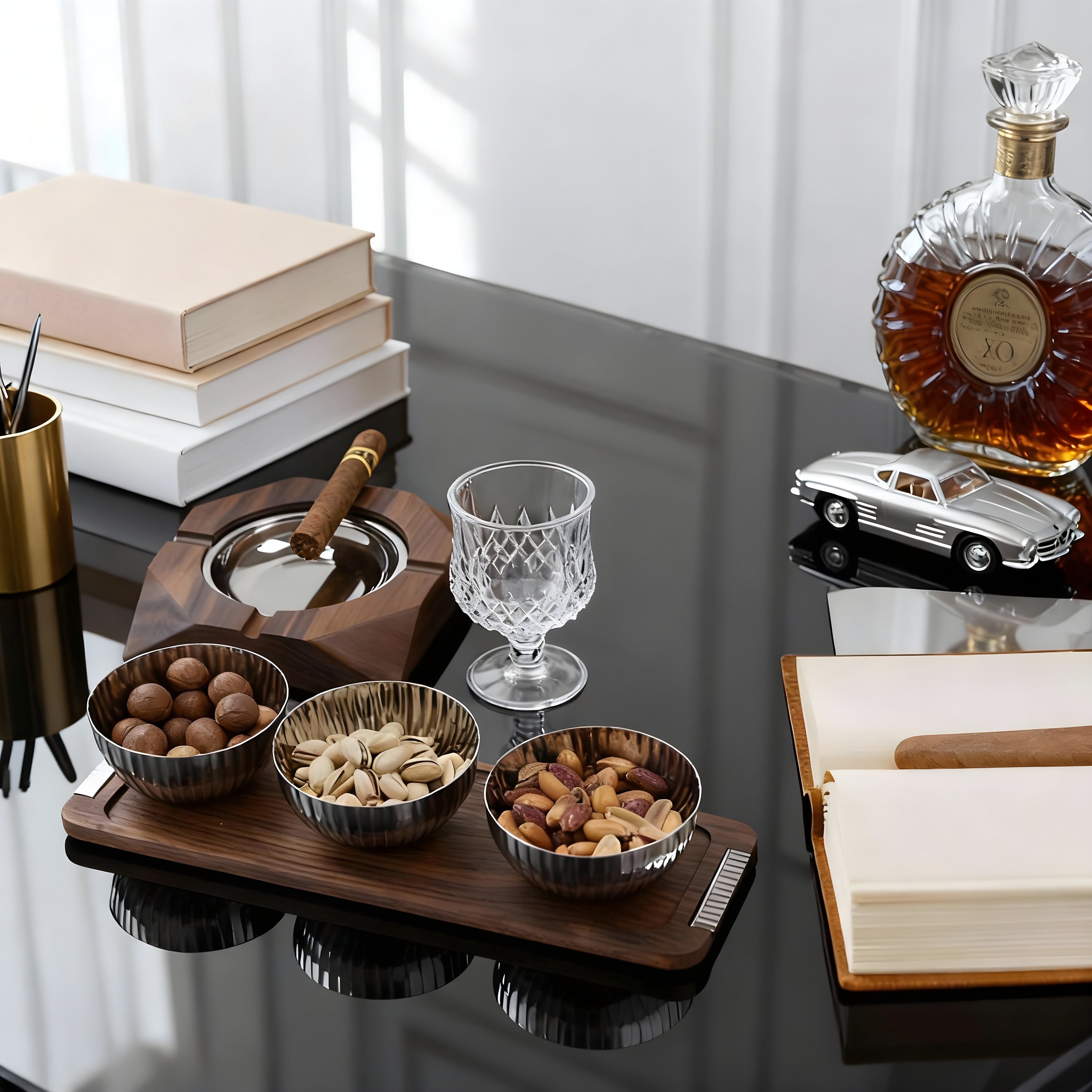 The Gentlemen’s Set – Premium men’s hosting gift set by Eloré with cigar ashtray, whiskey accessories, and walnut wood tray