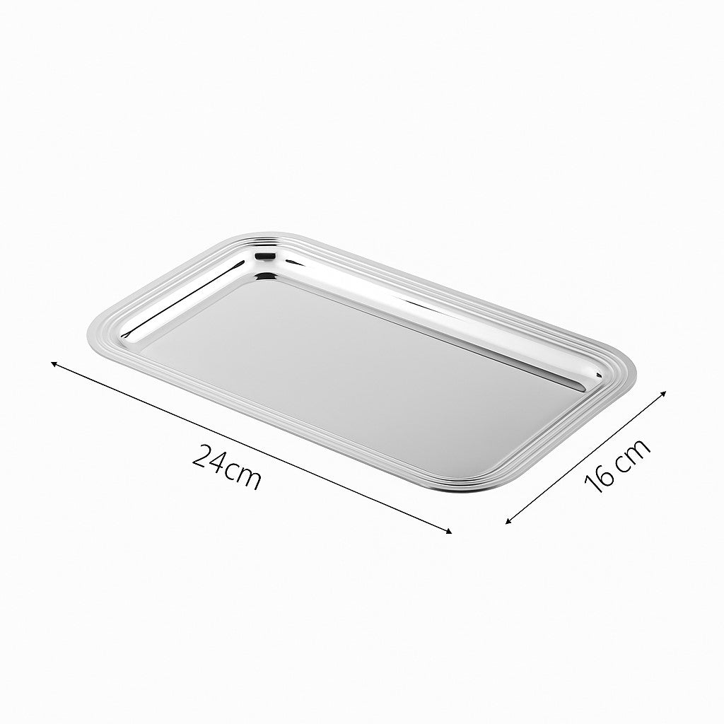 Square mirror-finish stainless steel tray – dimensions view – Eloré