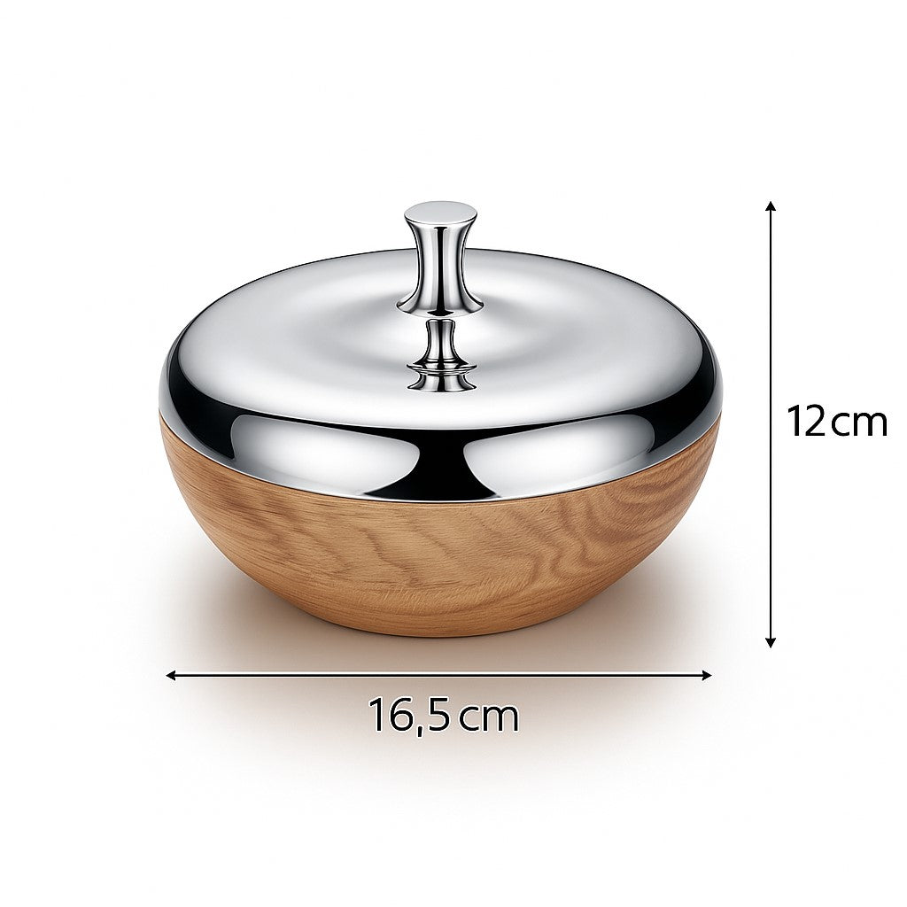 Apple-shaped stainless steel and wood jar with lid – dimensions view – Eloré