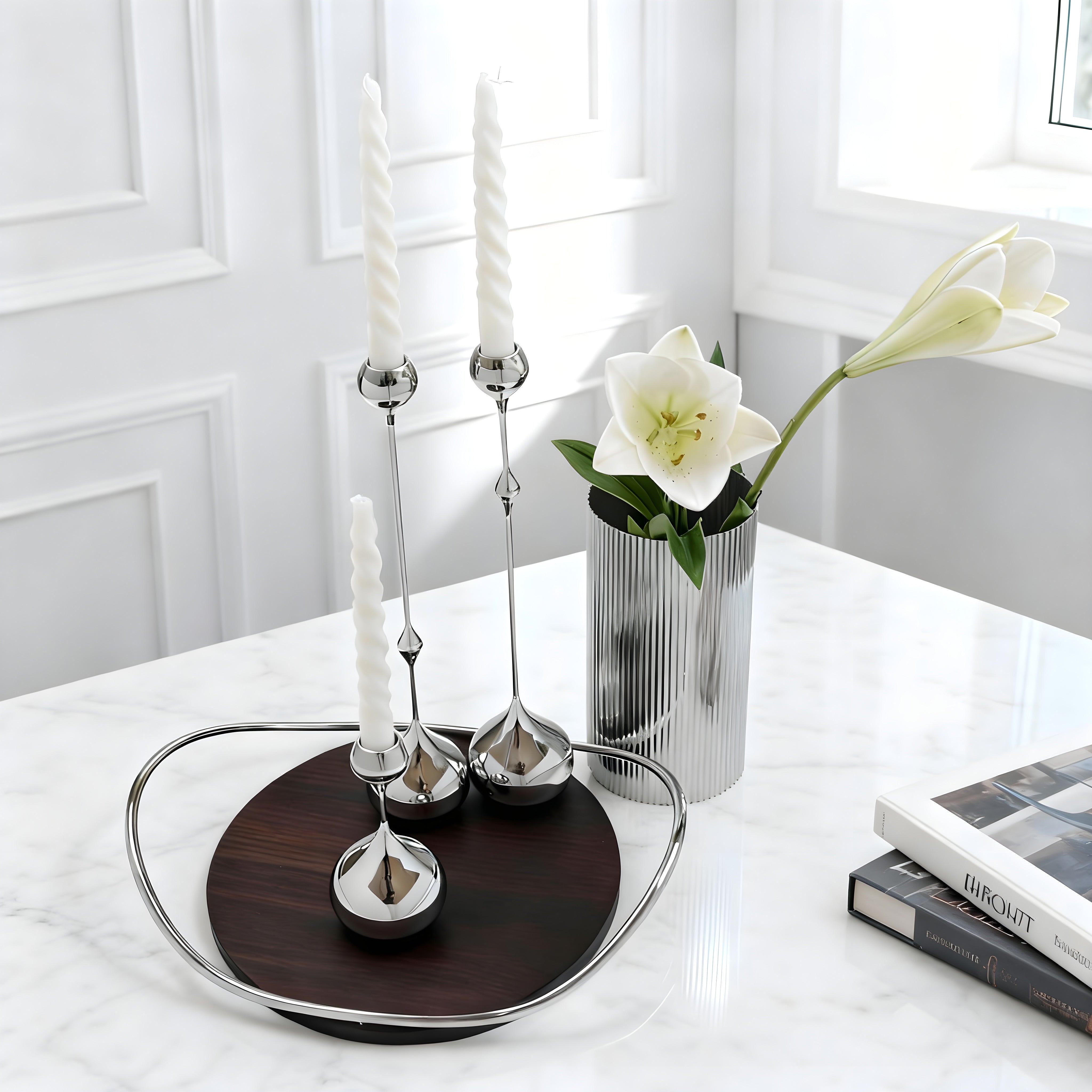 The Three Candles Set – Luxury candle arrangement by Eloré with ribbed stainless holders, glass cup, and serving tray