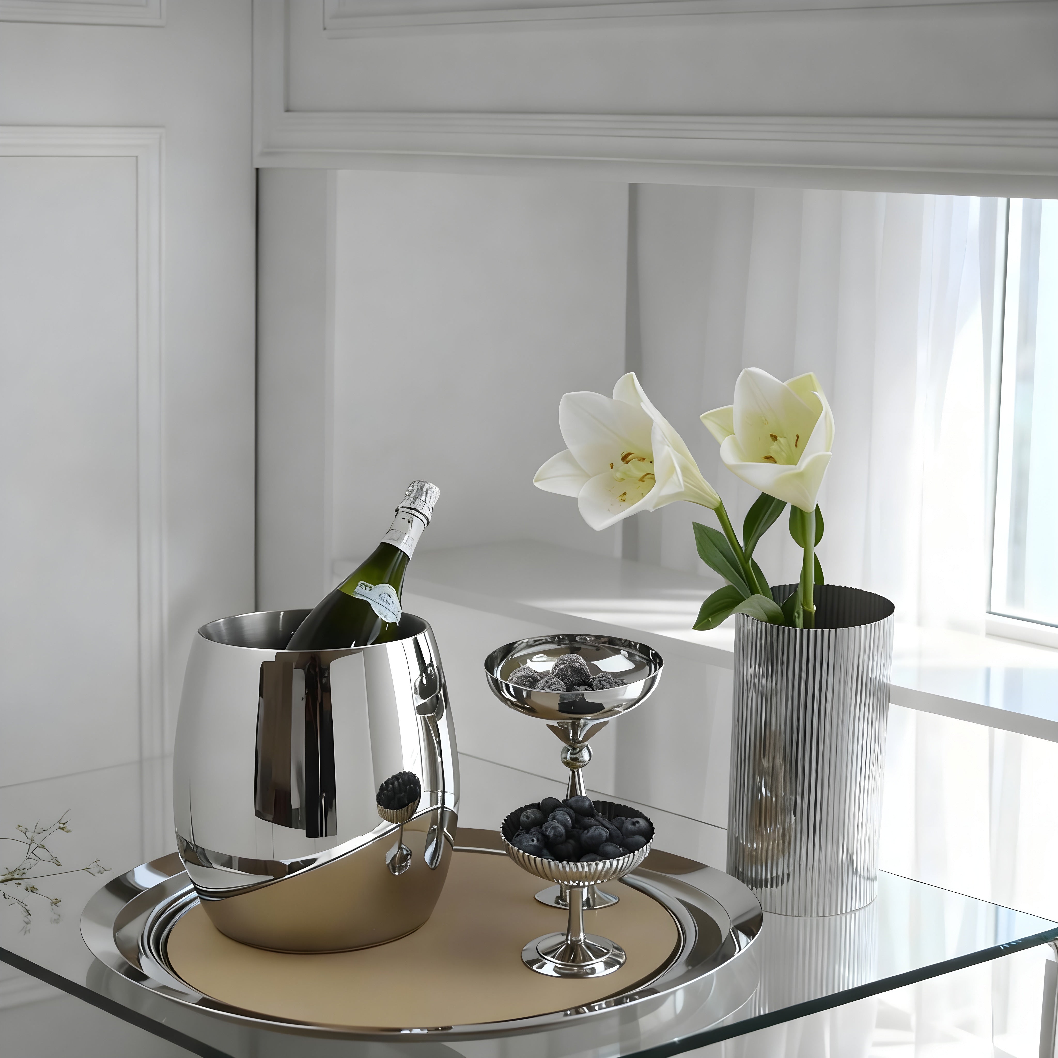 The Celebration Set – Elegant champagne and hosting set by Eloré with tall stainless vase, champagne bucket, and serving tray
