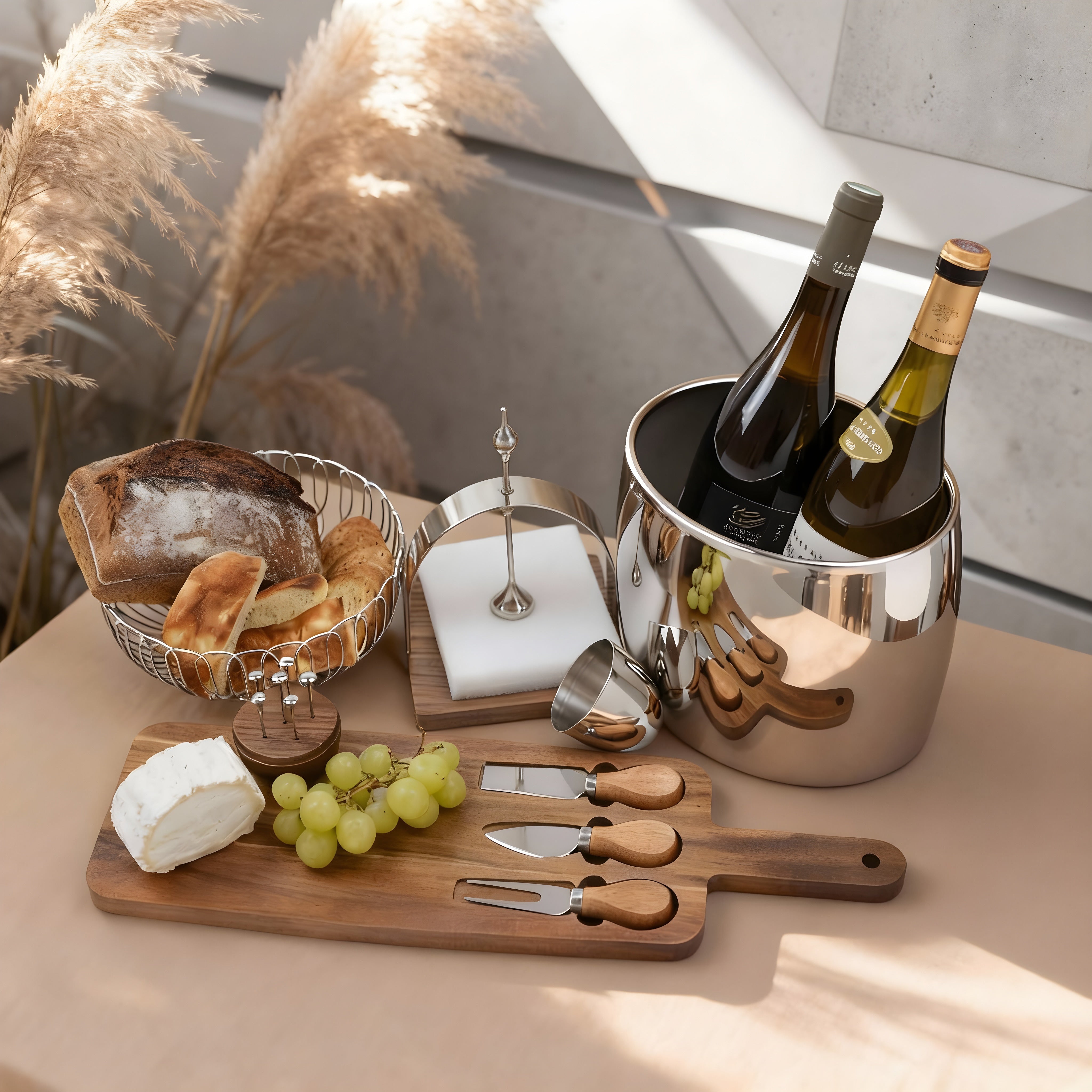 The Provence Set – French-inspired luxury hosting set by Eloré with wooden serving board, glass bowl, and polished stainless accessories