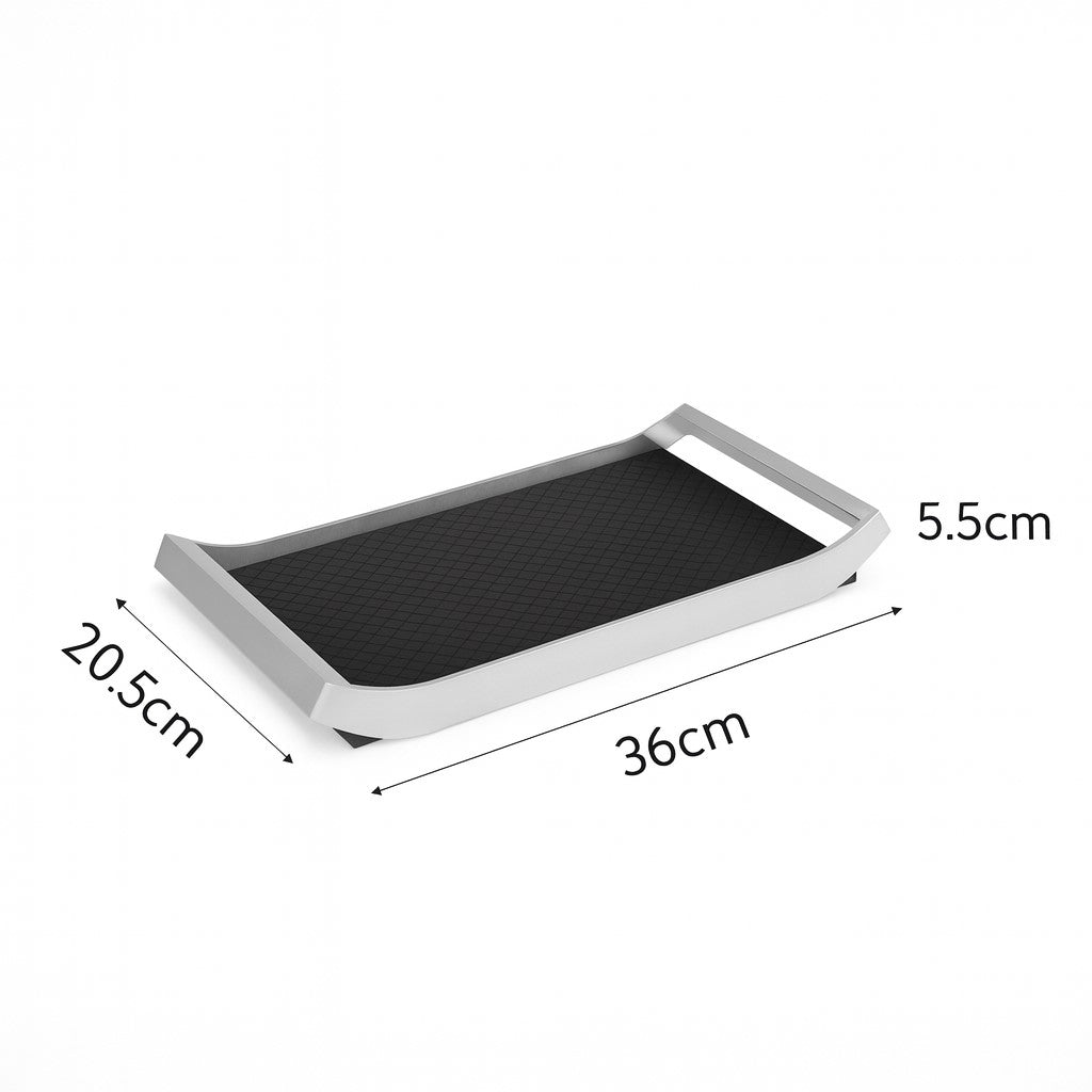 Stainless steel tray with black padded base – dimensions view – Eloré