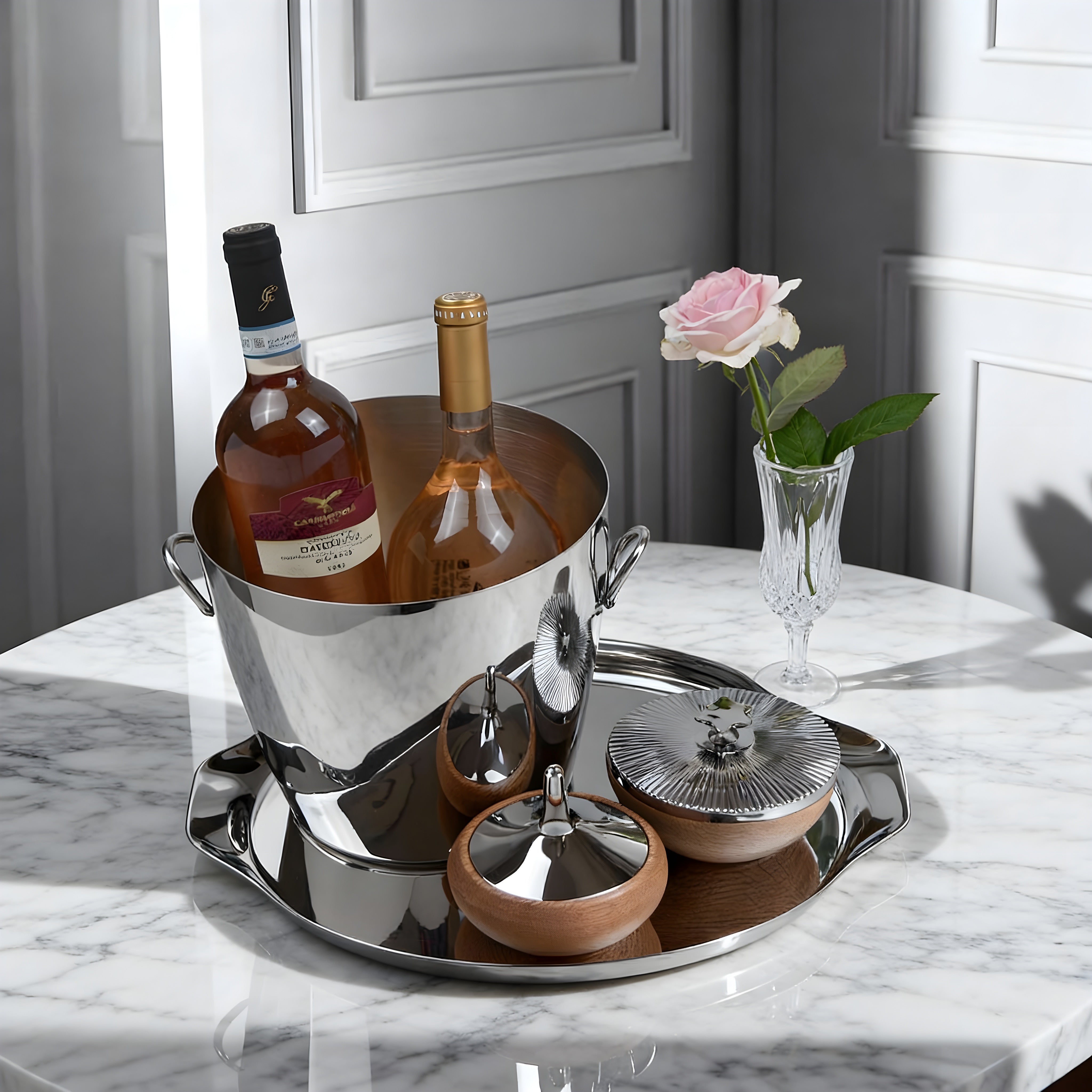 The Rosé Set – Soft-toned luxury hosting set by Eloré with pink-accent accessories, stainless vase, and serving pieces