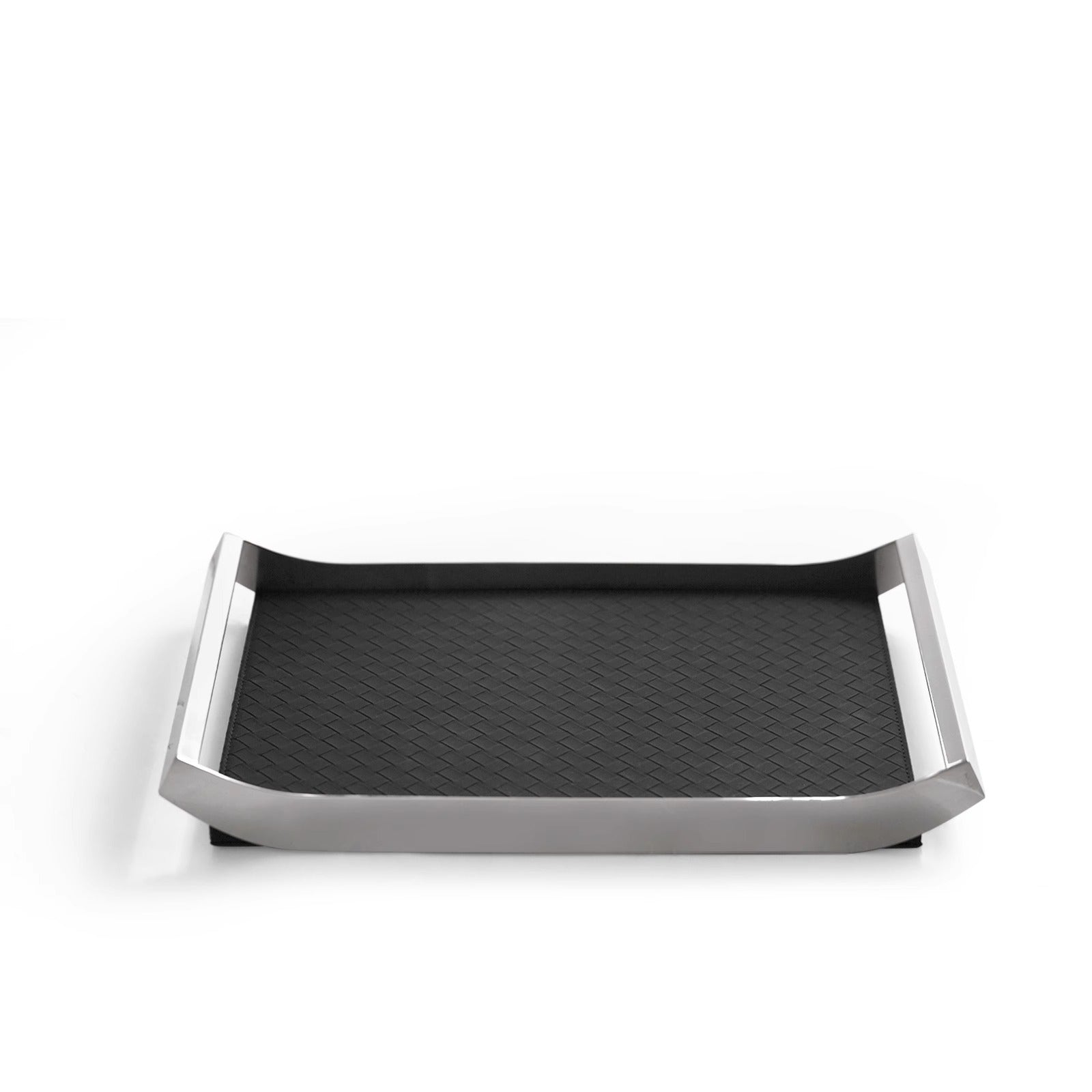 Stainless steel tray with black padded base – front view – Eloré