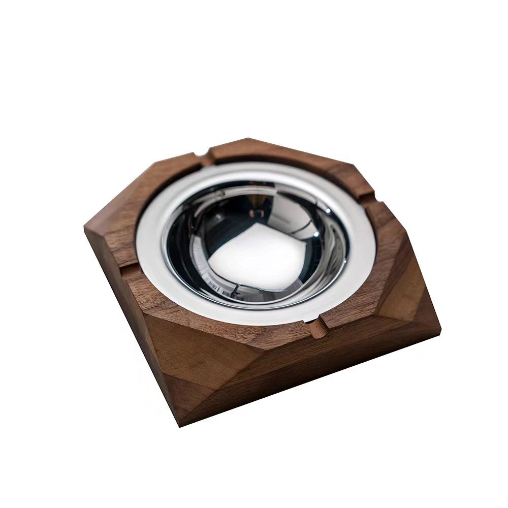 Designer ashtray – stainless steel and wood – front view – Eloré