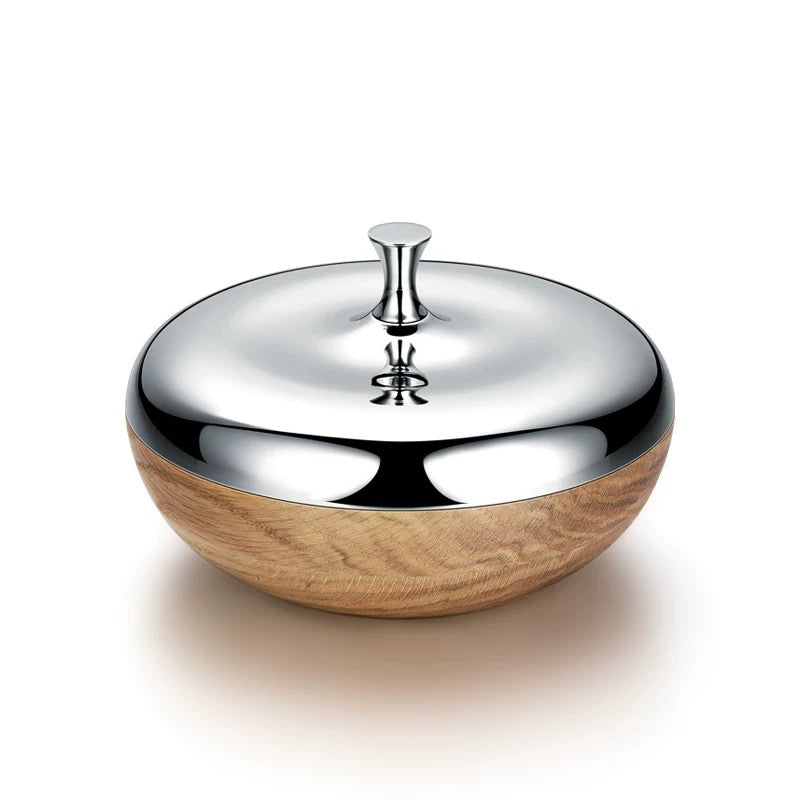Apple-shaped stainless steel and wood jar with lid – front view – Eloré