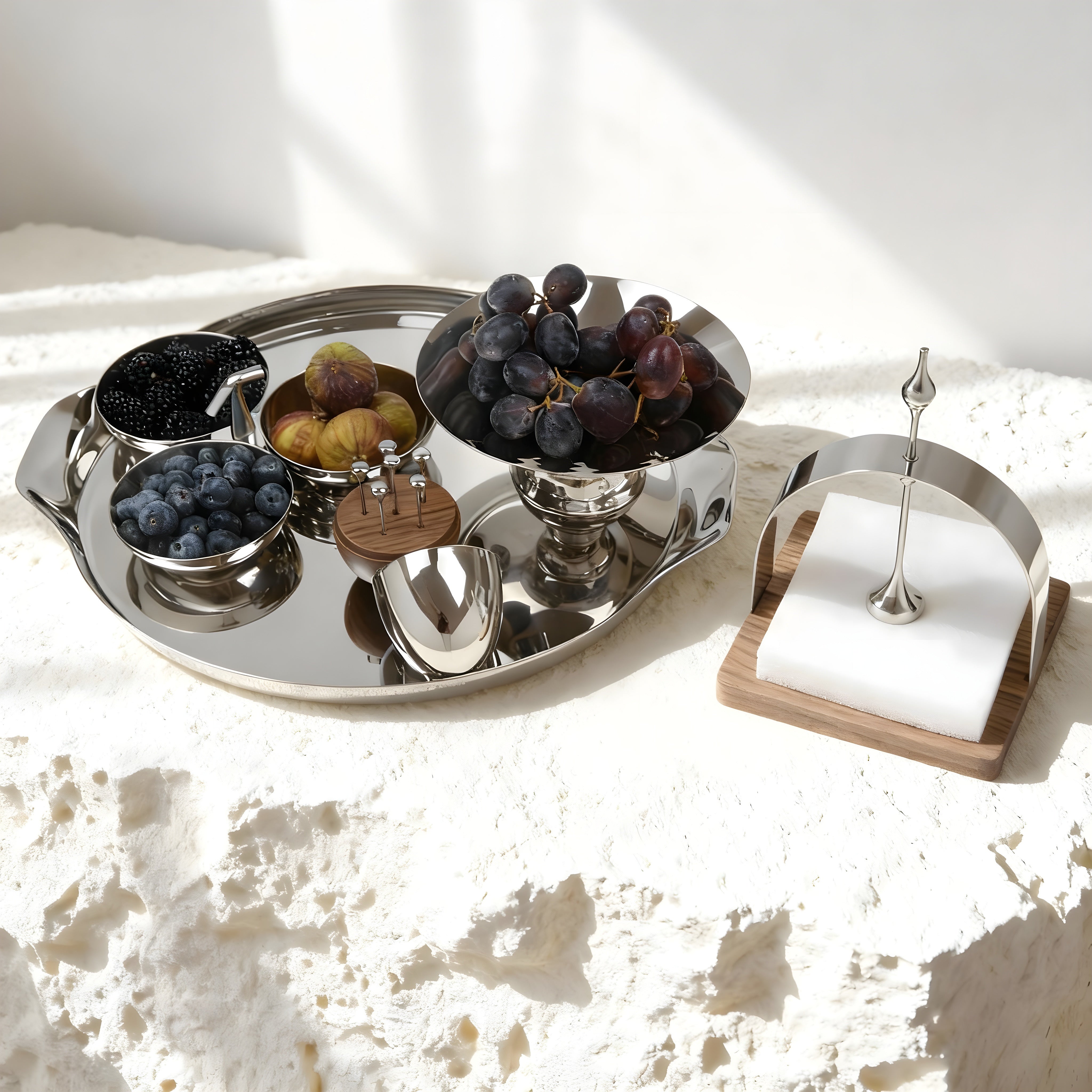 The Fruit Serving Set – Elegant fruit hosting set by Eloré featuring large stainless bowl and serving accessories