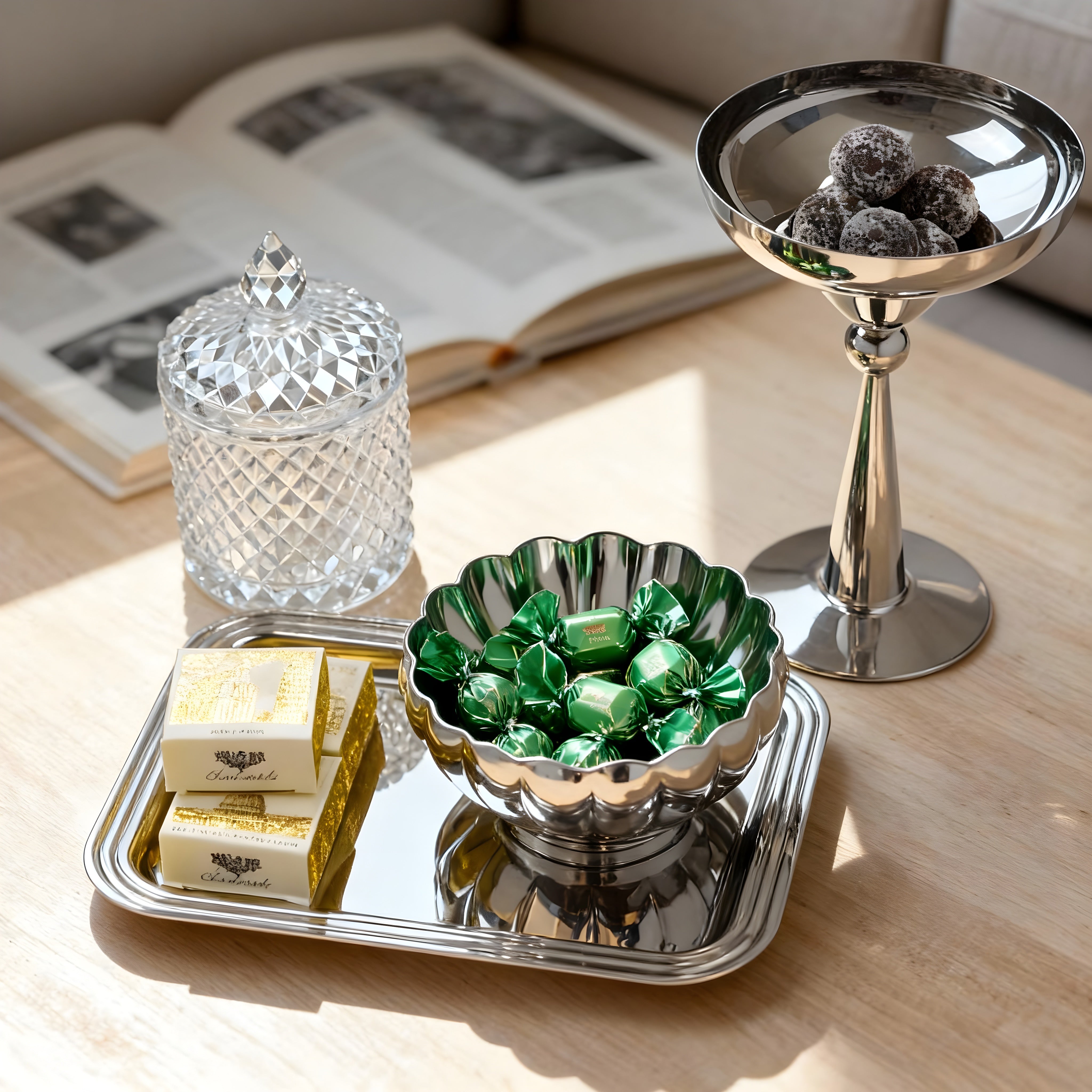 The Parisienne Set – French-inspired luxury hosting set by Eloré with crystal-style glassware, decorative stand, and serving tools