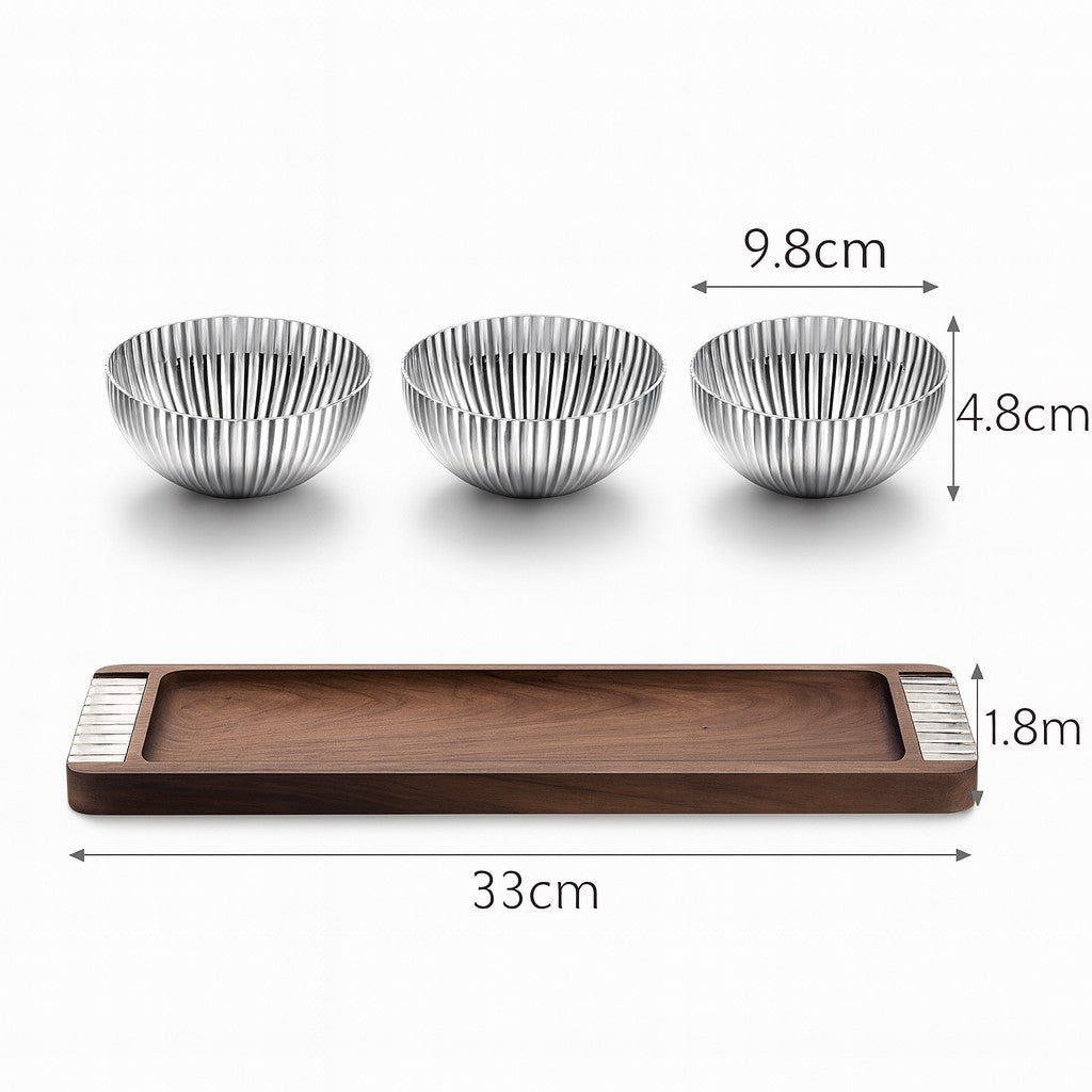Stainless steel serving bowls with wooden tray – dimensions view – Eloré